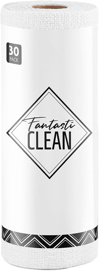 Fantasticlean Microfiber Cleaning Cloth Roll- 30 Sheets, 12" x 12" (White) | Super Absorbent, Lint-free, Tear-away Microfiber Towel Roll, for All-Purpose Cleaning, Reusable Alternative to Paper Towels