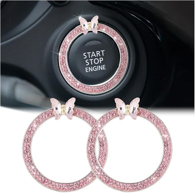 2PCS Bling Car Engine Start Stop Decoration Ring, Crystal Rhinestone Auto Push Start Button Ignition Ring Sticker, Vehicle Decor Accessories for Women Girls, Universal for Vehicles (Pink)