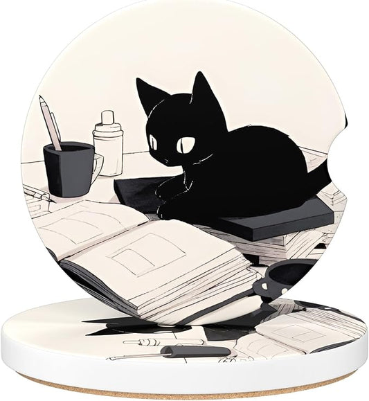 Aiawoxc Car Cup Holder Coasters, 2 Pack Universal Auto Anti Slip Insert Coaster with A Finger Notch, Cup Mat for Most Car Interior, Cute Reading Cat