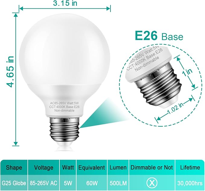 8 Pack Bathroom Light Bulbs, 60 watt Equivalent, Natural Daylight White, E26 Medium Base, G25 LED Globe Light Bulbs for Bathroom Vanity, 4000K Round Light Bulb over Mirror, 120V, Non-dimmable