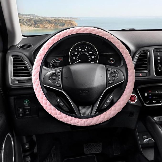 Elastic Stretch Car Steering Wheel Cover, 15Inch Breathable Ice Silk Vehicle Steering Wheel Protecter, Cool in Summer Automotive Interior Protection, Universal for SUV Sedan Truck (Pink)