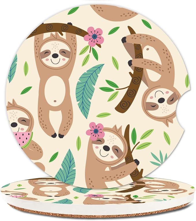 Absorbent Car Cupholder Coaster 2 Pack, Cute Car Coasters with a Finger Notch for Women & Men,2.56" Ceramic Stone & Non-Scratch Cork Base Drink Coasters, Cute Car Accessories Gifts (Cute Sloth)