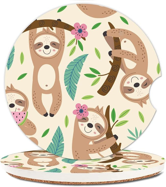 Absorbent Car Cupholder Coaster 2 Pack, Cute Car Coasters with a Finger Notch for Women & Men,2.56" Ceramic Stone & Non-Scratch Cork Base Drink Coasters, Cute Car Accessories Gifts (Cute Sloth)