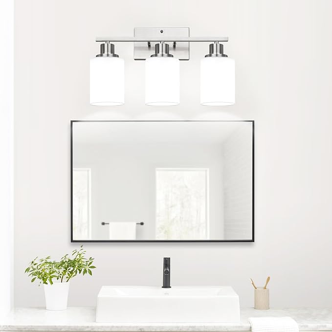 MOKATNG 3-Light Bathroom Light Fixtures, Brushed Nickel Vanity Light with Milky White Shades, Bathroom Lighting Fixtures Over Mirror, Modern Bathroom Wall Lamp for Mirror Living Room Cabinet Bedroom