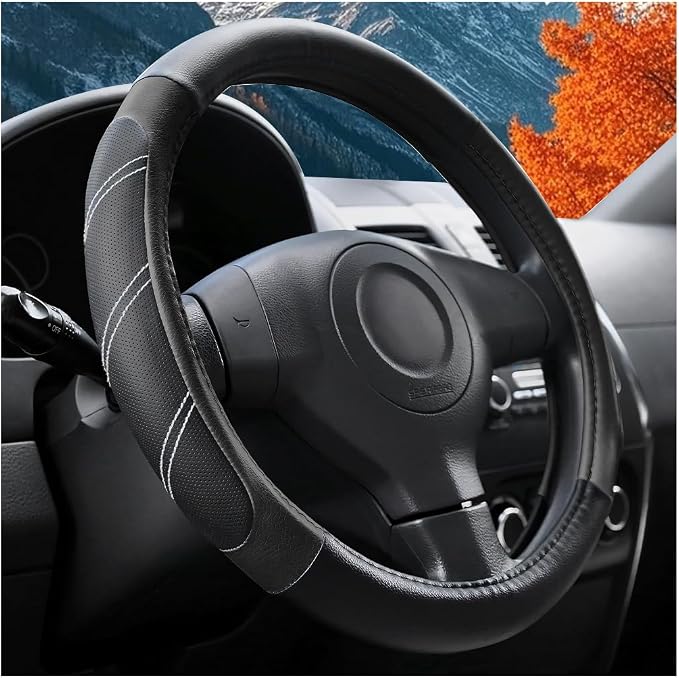 Osilly Car Steering Wheel Cover, 14.5-15" Leather Breathable Anti-Slip Stylish Steering Wheel Protector, Comfortable Auto Interior Decoration Accessories, Universal for SUV Van Truck (Black)