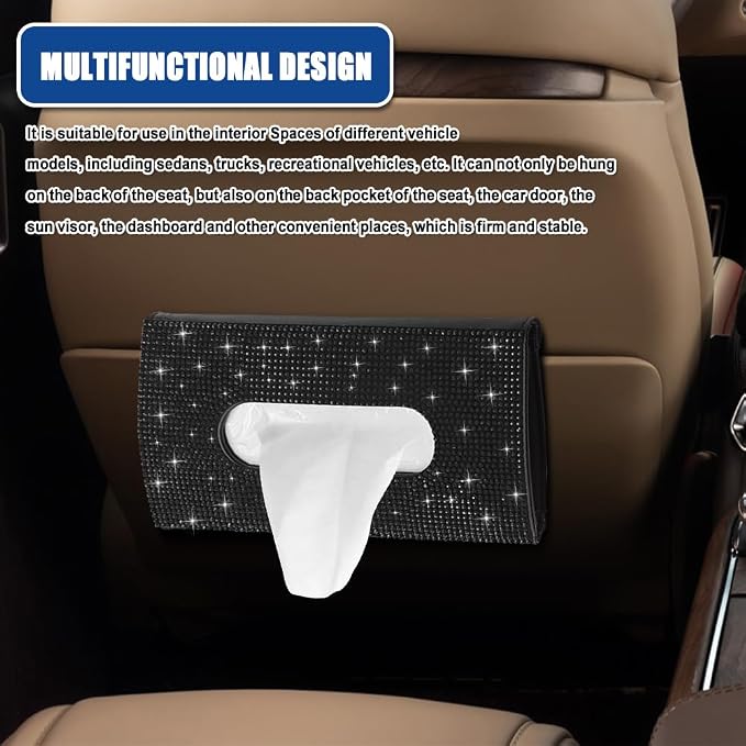 Bling Car Sun Visor Tissue Box Holder, Visor Accessories, Rhinestone PU Leather Crystal Sparkling Napkin Holder, Auto Sun Visor Paper Towel Cover Case Accessories for Most Cars (Black)