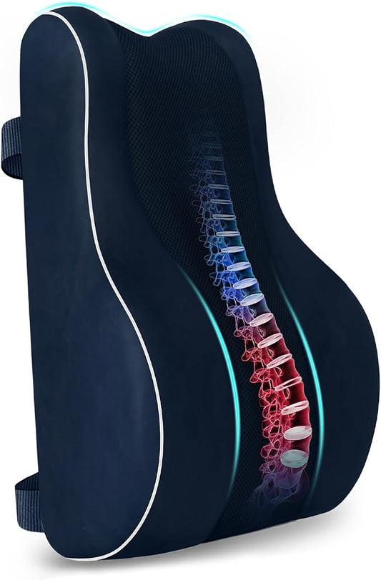 CloudBliss Ergonomic Lumbar Support Pillow Seat Cuhsion - Memory Foam for Lower Back Pain Relief, Adjustable Straps & Mesh Cover for Office, Gaming, Car Seat (Medium, Blue)