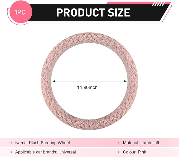 Fuzzy Warm Steering Wheel Cover for Winter, Soft Faux Lamb Fleece with Anti-Slip Inner Ring, 14.96" Inner Diameter Cozy Protective Driving Cover, Universal for Most Cars (Pink)