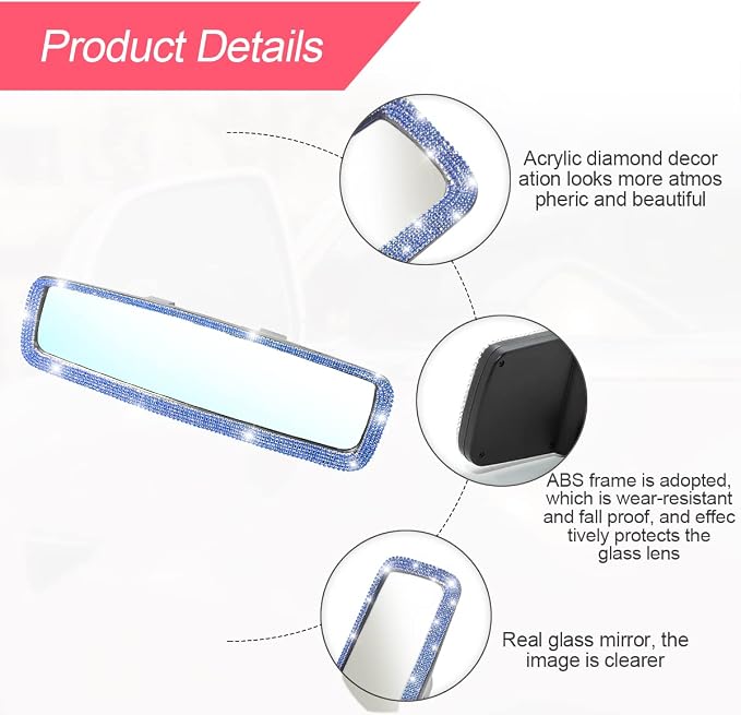 Bling Car Rear View Mirror, Rhinestones Crystal Clip-on Rearview Mirror with HD Glass, Compatible with Most Cars, SUVs, Vehicles, Auto Interior Accessories for Women Girl (Blue)