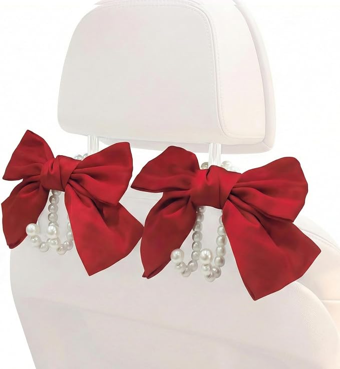 2PCS Satin Bow Pearl Car Seat Headrest Hooks – Car Bag Holder & Vehicle Hanger for Purses – Cute Coquette Aesthetic Interior Decoration – Cute Auto Organizer Accessories Universal (Red)