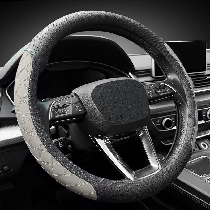 LKWLIKEI Nappa Leather Steering Wheel Cover,Elegant Diamond Checkered Design, Non-Slip wear-Resistant, Enhance Driving Comfort, Suitable for Steering Wheel Diameter 14 1/2‘-15’ Models.Black Gray