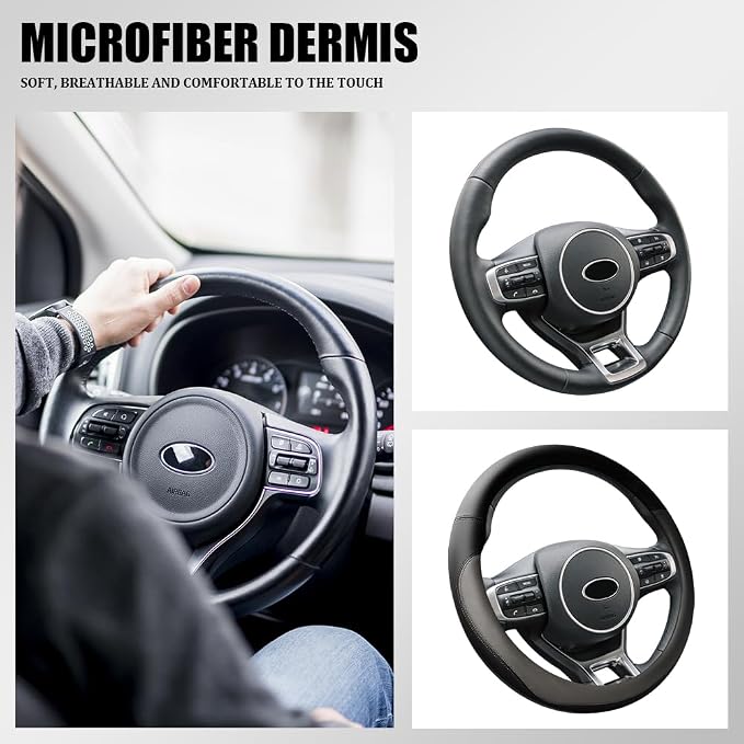 Car Steering Wheel Cover, 15 Inch Napa Leather Car Steering Wheel Protector, Slip-Resistant Elastic Steering Wheel Handle Cover, Universal Interior Accessories for Cars Trucks SUVs (Grey)