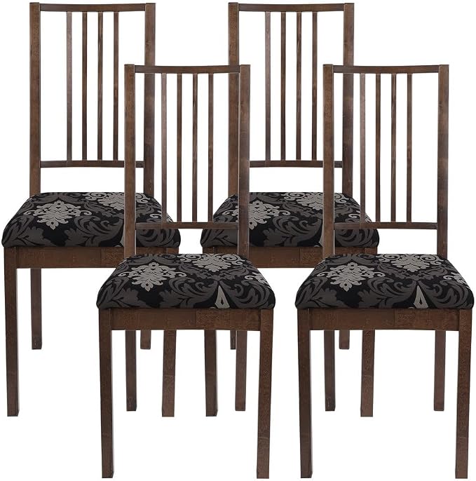 SearchI Seat Covers for Dining Room Chairs Stretch Printed Chair Seat Covers Set of 4, Removable Washable Upholstered Chair Seat Protector Cushion Slipcovers for Kitchen, Office(Black/Brown)