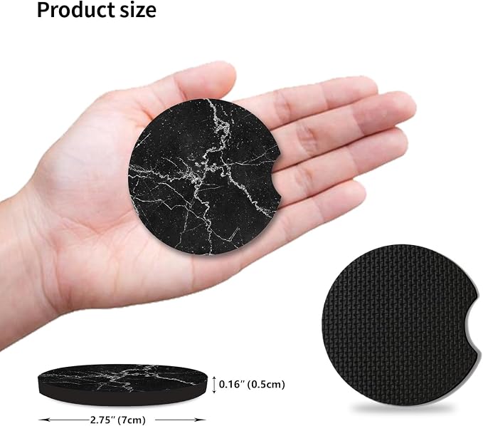 Car Accessories for Women&man, Car Coasters for Cup Holders, Pack of 2 2.75inch Universal Anti Slip Car Assecories, Car Coasters with A Finger Notch(Black Marble)