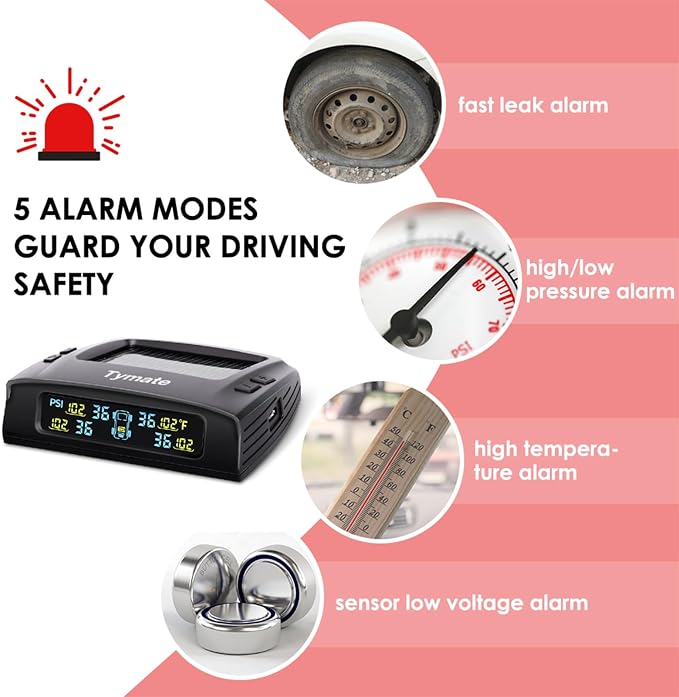 Tymate TM2 RV Tire Pressure Monitoring System, Tire Pressure Monitor with Solar Charge, TPMS with 4 Sensors(Max. 10) & 6 Alarm Modes, Color LCD Display, 0-144PSI for RV/Trailer/Truck/SUV/Fifth Wheel