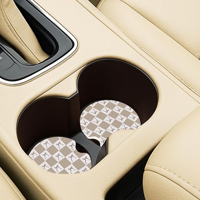 Ceramic Car Coasters – Absorbent Car Cup Holder Coaster Set for Women, Cute Aesthetic Car Accessories for Girls, 2 Pack (Beige)