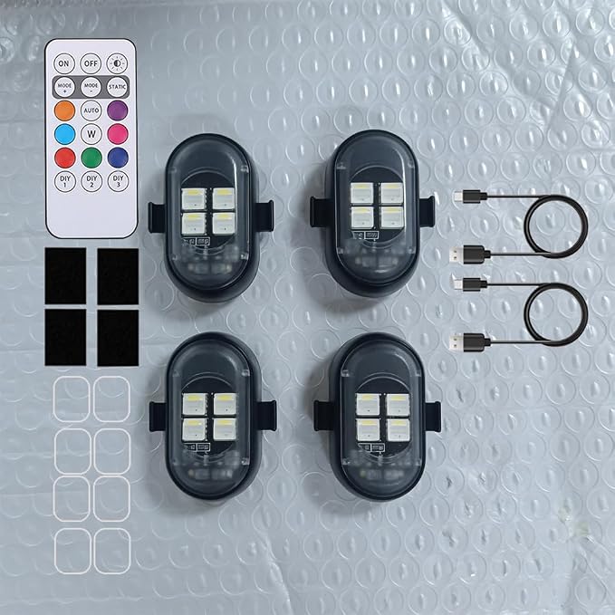Upgraded 4PCS Mini Car Wireless LED Strobe Lights with Remote Control Wireless LED Lights for Car Motorcycle Bicycle Bike USB Rechargeable 8-Color Car Ambient Lighting Car Led Lights Interior