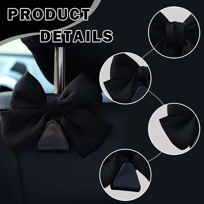 2PCS Car Seat Headrest Hooks, Cute Bow Vehicle Rear Seat Bracket Hook for Purses and Bags, Automotive Purse Hook Hanger, Universal for SUV, Sedan, Truck (Black)