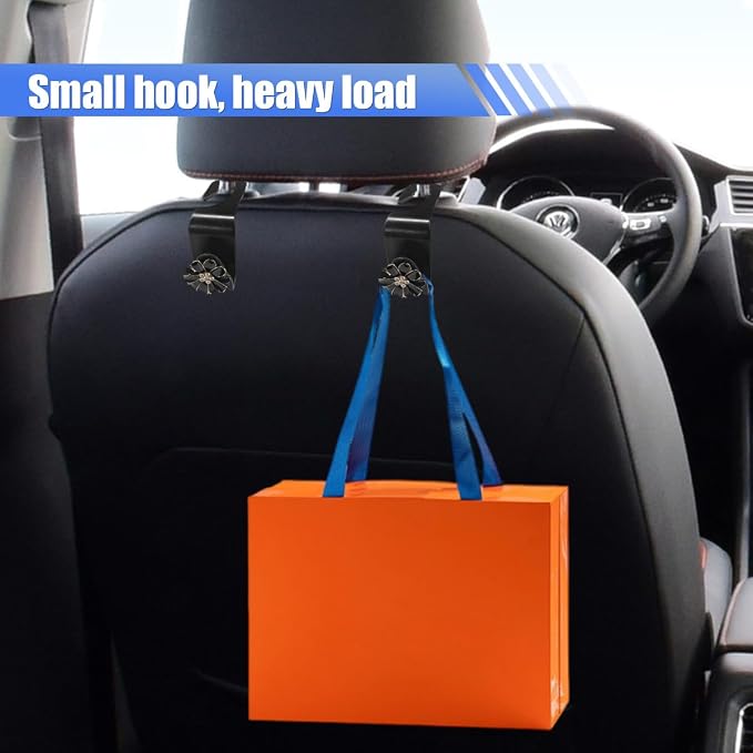 Craedli 2PCS Bling Car Seat Headrest Hook, Cute Rhinestone Flower Seat Back Storage Organizer Hanger Car Purse and Bag Hooks Holder, Universal Interior Accessories for Handbag Grocery Bag Coat (Black)