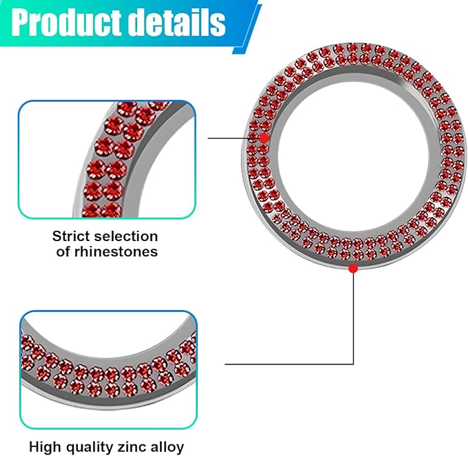 Car Bling Crystal Rhinestone Engine Start Decoration Ring, Ring Start Button Cover Sticker Key Ignition & Knob Ring Decoration, Bling Car Interior Accessories for Women (Red)