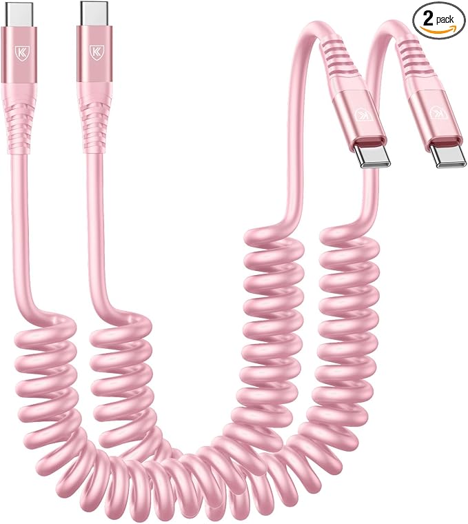 USB C to C Cable 3FT for Car, Coiled USB C Fast Charging Cable iPhone USB-C | Cable 2Pack for CarPlay/Android Auto USB C Cord, USB Type C Cable for iPhone 17/16/15/Samsung Galaxy S23 and More-Pink