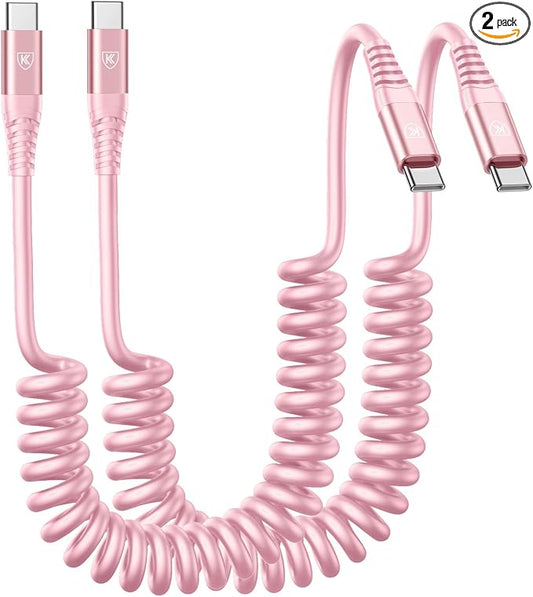USB C to C Cable 3FT for Car, Coiled USB C Fast Charging Cable iPhone USB-C | Cable 2Pack for CarPlay/Android Auto USB C Cord, USB Type C Cable for iPhone 17/16/15/Samsung Galaxy S23 and More-Pink
