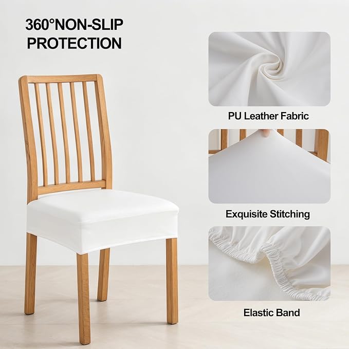 NILUOH Waterproof Seat Covers for Dining Room Chairs Set of 6, Pu Leather Chair Seat Slipcovers Dining Chair Cover Removable Washable Chair Protctor Cover, Rear Covers (PU-White)