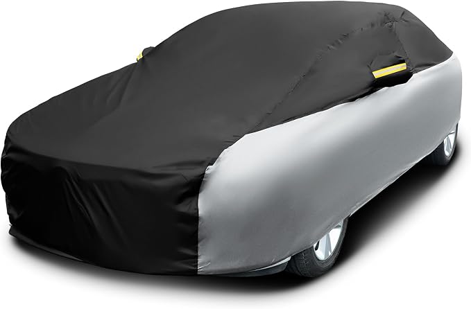 Riakrum Full Car Cover Waterproof All Weather for Automobiles Windproof Cover Rain UV Protection Sun Scratch Resistant Outdoor Universal(Fit Sedan Length (185-193'') 70'' H,Black, Silver)