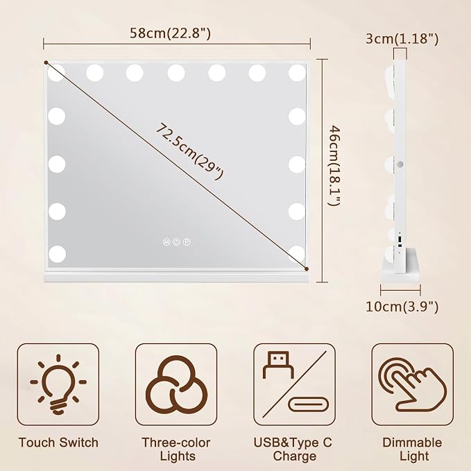 FENCHILIN Vanity Mirror with Lights, Hollywood Lighted Makeup Mirror with 15 Dimmable LED Bulbs for Dressing Room & Bedroom, Slim Metal Frame Design, Tabletop White