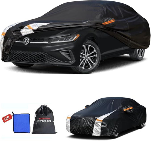 Multi-Layer Car Cover Custom Fit for VW Jetta(2005-2026), 100% Waterproof All Weather for Automobiles, Gift with Towel, Heavy Duty Car Covers for Rain Sun UV Protection with Door Zipper