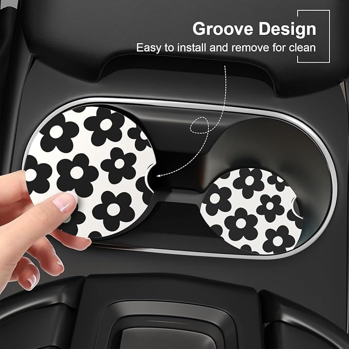 Ceramic Car Coasters – Absorbent Car Cup Holder Coaster Set for Women, Cute Aesthetic Car Accessories for Girls, 2 Pack (White Swan)