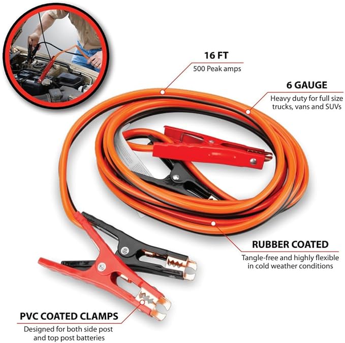 Performance Tool W1672 6-Gauge 400 AMP All Weather Jumper Cables 16'