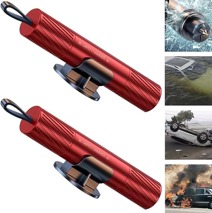 smosun Safety Hammer - Safe Hammer Glass Breaker Under Water, Car Hammer Seatbelt Cutter Window Breaker Emergency Escape Tool, Safehammer Glass Breaker for New Cars (2PCS Red)