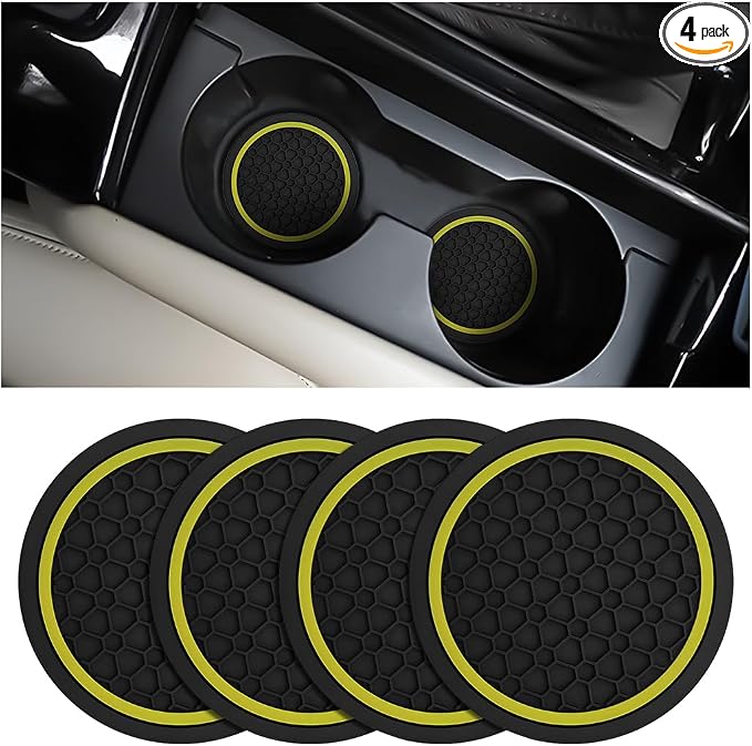 Mandark 4PCS Car Cup Holder Coasters, 2.75 Inch Non-Slip Insert Water Bottle Holder Pads, Dustproof Automotive Interior Accessories Mat, Universal for Vehicles, Trucks, RVs and More (Black/Yellow)