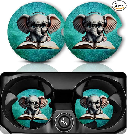 Yonlevres Car Coasters for Cup Holders，2.75" Anti Slip Rubber Mat with A Finger Notch, 2 Pack Car Cup Holder Coasters for Car Interior Accessories for Women Men Elephant Glasses