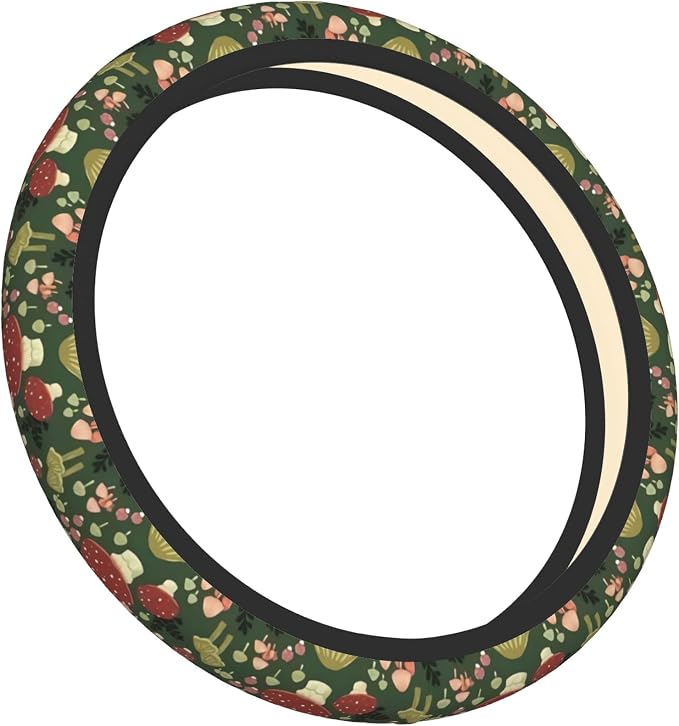Green Mushrooms Steering Wheel Cover for Women Men Girls, Universal 15 Inch Anti Slip Steering Wheel Protector Car Accessories Interior for Auto Truck SUV