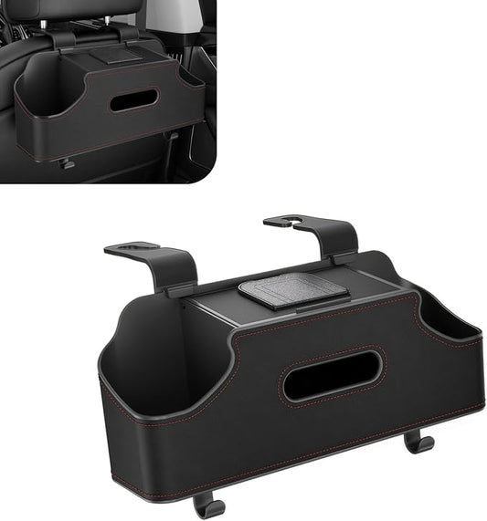 1 PC Car Seat Back Organizer, Car Back Seat Multi-Function Storage Box with 2 Drink Cup Holders, 11.42" x 3.35" Leather Tissue Organizer, Universal for Most Cars, Trucks, SUVs (Black)