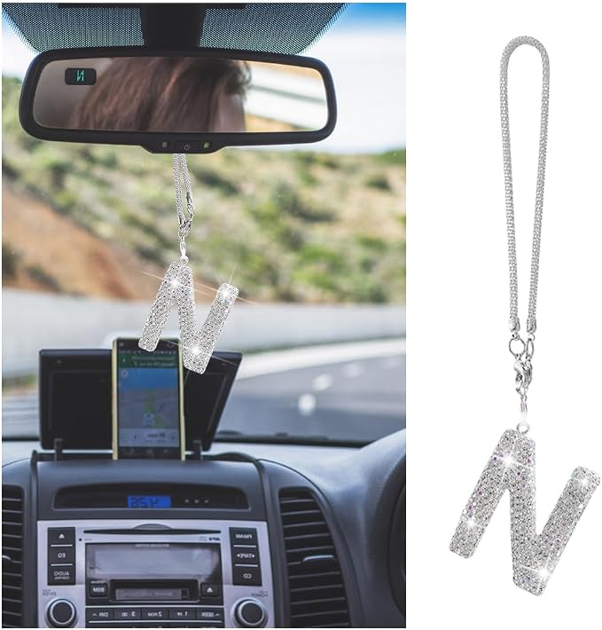 Bling Car Letter Charm, Crystal Rhinestone Rear View Mirror Hanging Ornament, Cute Lucky Diamond Automotive Interior Pendant Decoration Accessories, Universal for Vehicles(N)