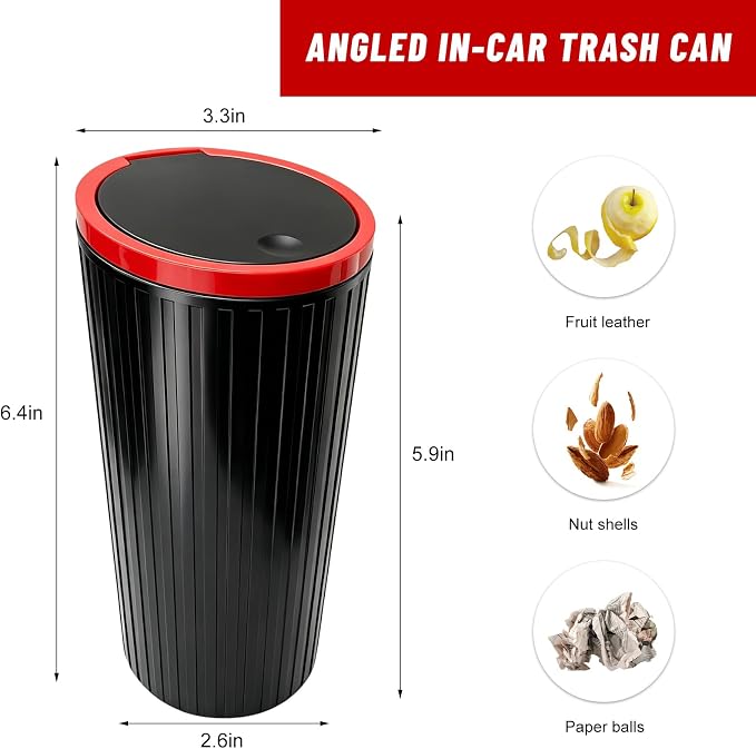 Car Trash Can with Lid, Leakproof Auto Cup Holder Garbage Can with Trash Bags, Waterproof Dustbin Container Waste Organizer for Vehicle Home Office, Car Accessories (Black & Red)