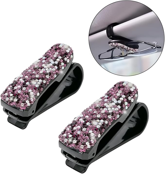 Moly Magnolia 2 PCS Glasses Holders for Car Sun Visor, Fashion Bling Crystal Rhinestones Car Eyeglasses Sunglasses Hanger Mount with Ticket Card Clip for Women Girls (Purple)