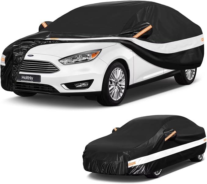 10 Layers Car Cover Custom Fit for Ford Focus Sedan (2010-2026), Waterproof All Weather for Automobiles, Outdoor Full Cover Sun Dust Rain Protection with Cotton. Black
