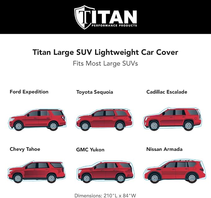 Titan Jet Black Poly 210T Car Cover for Large SUV 207-212" Waterproof, UV Protection, Scratch Resistant, Driver-Side Zippered Opening. Fits Escalade, Sequoia, Yukon and More.