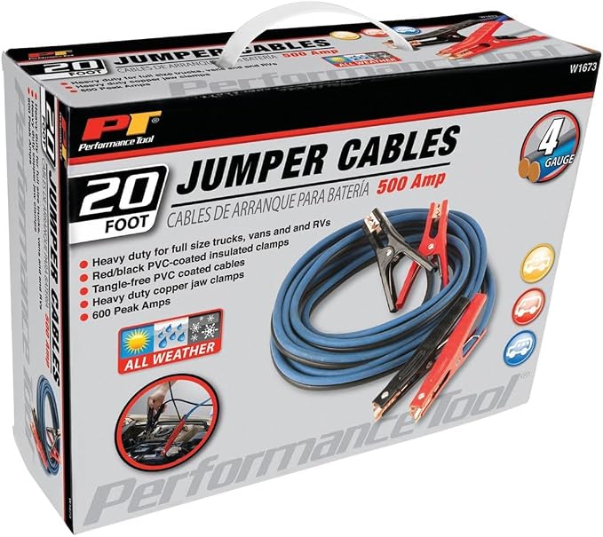 Performance Tool W1673 20' 4-Gauge 500 AMP All Weather Jumper Cables