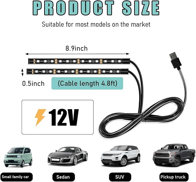 Yourkar Car LED Strip Light, 24 LED Auto Interior Under Dash Atmosphere Lights with USB Port, Vehicle Decor Lamp Ambient Night Light Strip Lighting Kit, Universal Car Accessories (Blue)