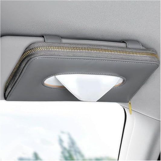 Car Tissue Holder, Sun Visor Napkin Box Premium PU Leather Tissue Case with Zipper, Rectangular Hanging Paper Organizer Mask Dispenser for Sedans SUVs Trucks, Car Accessories (Gray)