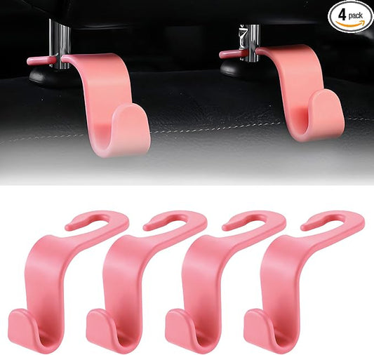 Purse Hook for Car, 4 PCS Car Purse Hook Headrest Hooks, 360° Rotatable Back Seat Storage Organizer, Universal Vehicle Seat Hanger for Purses, Handbags, Grocery Bags, Water Bottles, Pink