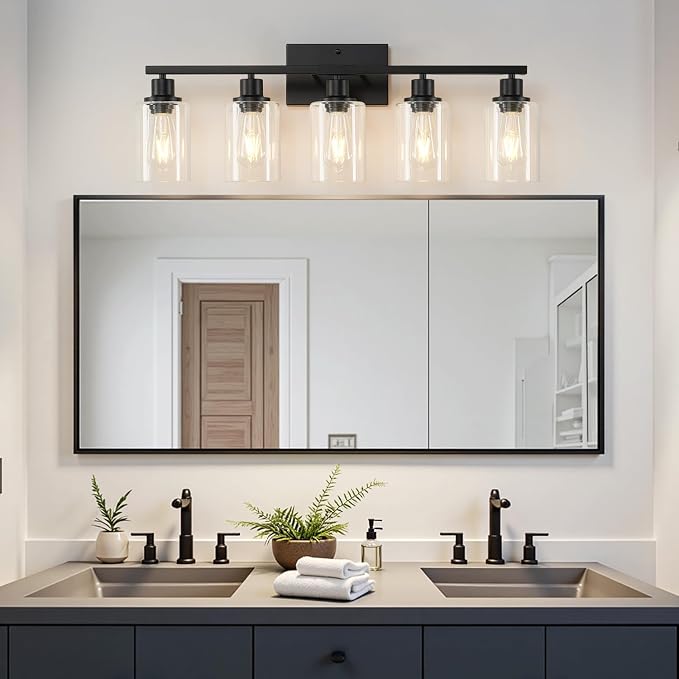 MOKATNG 5-Light Bathroom Light Fixtures, Vanity Light with Clear Glass Shades, Matte Black Bathroom Light Fixtures Over Mirror, Modern Bathroom Wall Lamp for Mirror Living Room Cabinet Bedroom