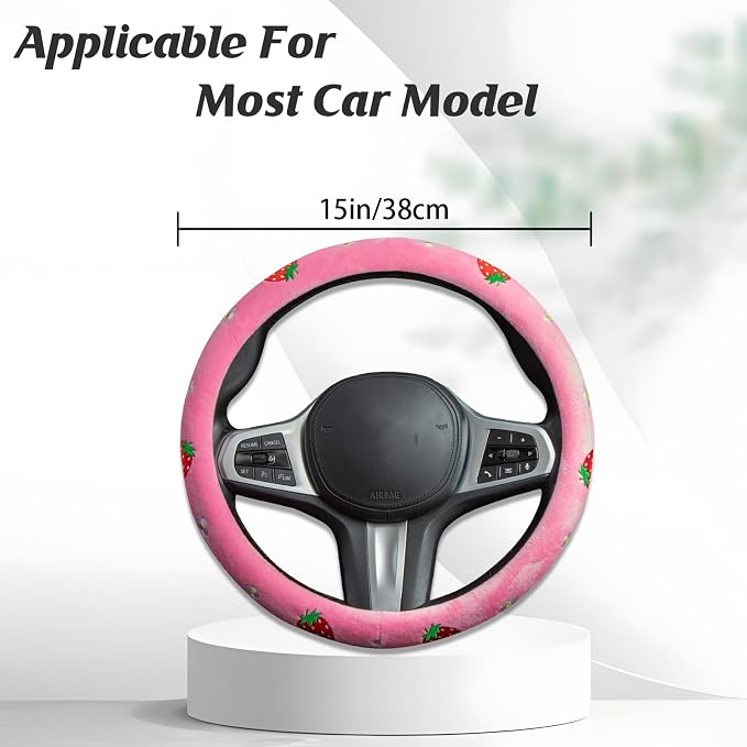 Embroidered Daisies Strawberry Cute Pink Steering Wheel Cover, Auto Anti-Slip Breathable Steering Wheel Protector, Floral Strawberry Car Accessories for Women,Universal Size Fit Most Cars -15 inch
