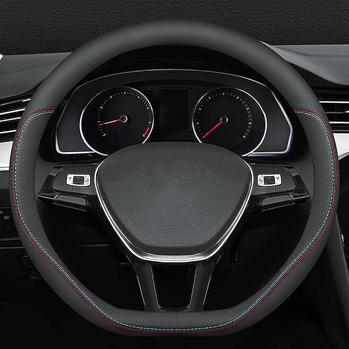Carodi Latest Nappa Leather car Steering Wheel Cover, Stylish Non-Slip Leather car Interior 15 inches Universal (D-Shape,Black)