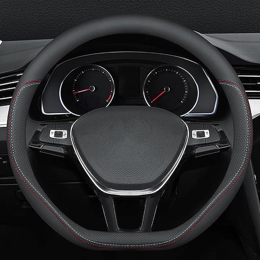 Carodi Latest Nappa Leather car Steering Wheel Cover, Stylish Non-Slip Leather car Interior 15 inches Universal (D-Shape,Black)
